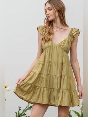 Blu Pepper Babydoll Mini Dress Large Olive Green Tiered Ruffle Boho Cottagecore
